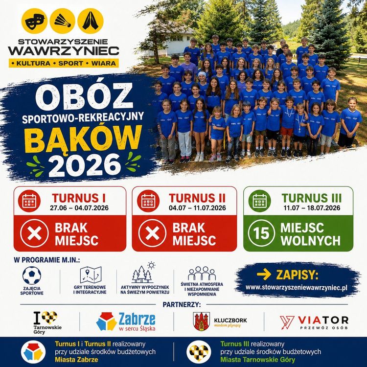 Obóz sportowo-rekreacyjny Bąków 2026 — trzy turnusy